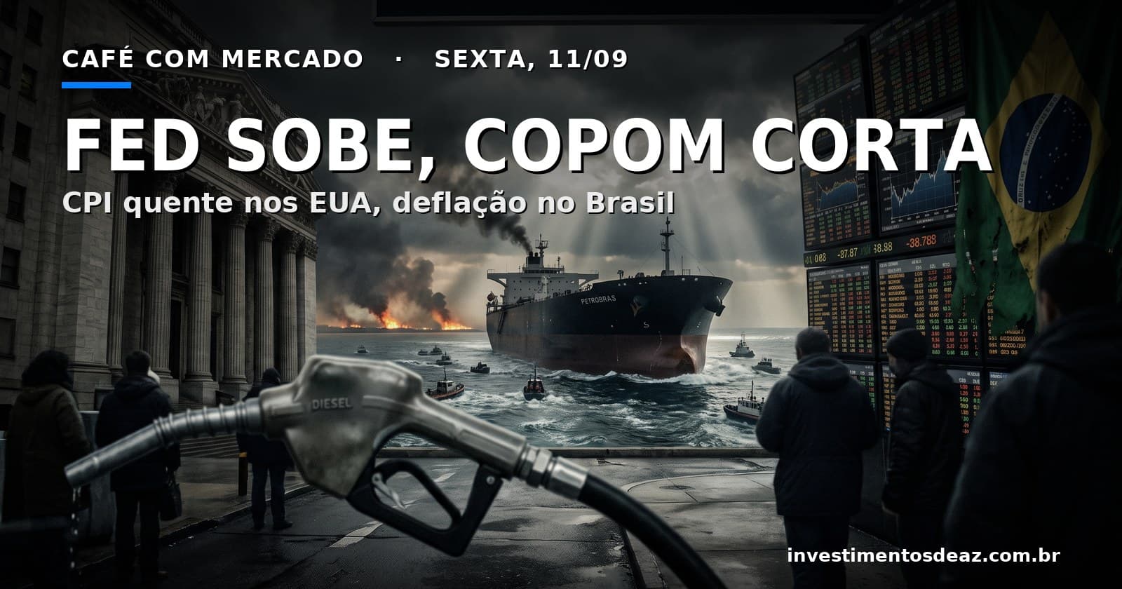 Petroleiro em estreito sob céu carregado, fachada de banco central e pregão em colagem cinematográfica