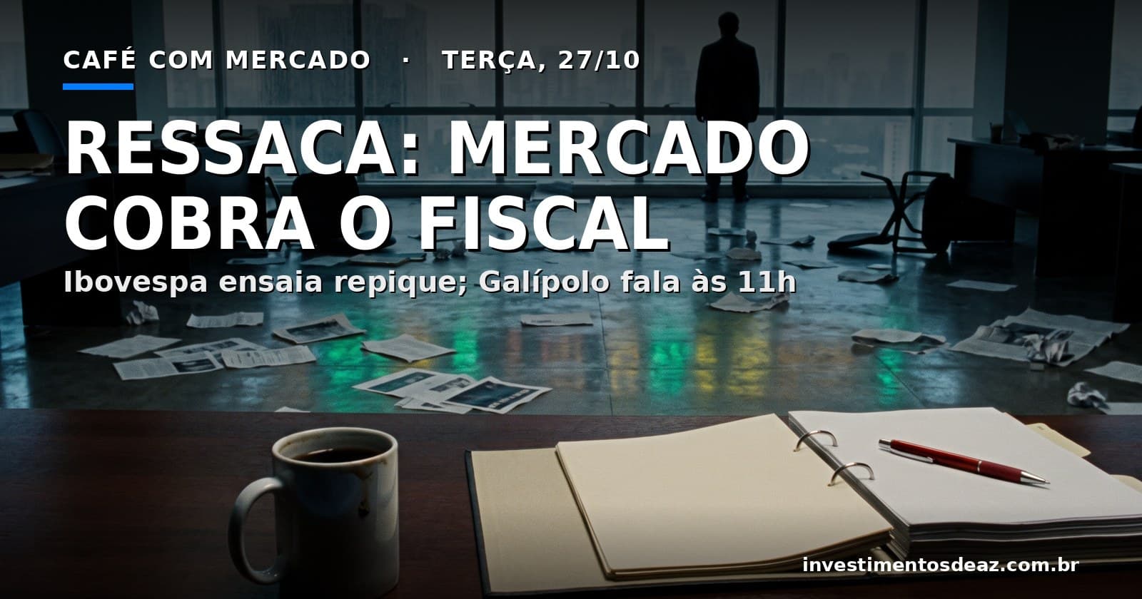 Pregão vazio ao amanhecer com papéis espalhados pelo chão, café frio ao lado de um fichário de orçamento e uma silhueta de costas diante da janela, olhando a cidade sob nuvens de tempestade.