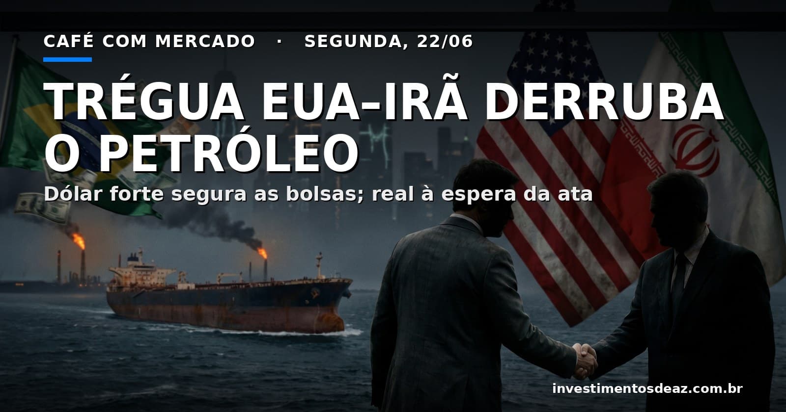 Café com Mercado, 22/06: trégua entre EUA e Irã derruba o petróleo; dólar forte e real à espera da ata do Copom