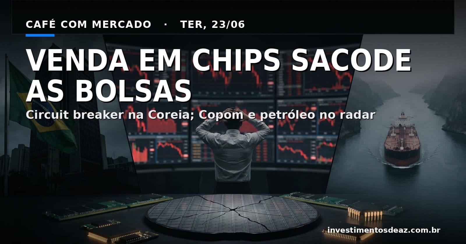 Colagem dramática: tela de pregão em queda com gráficos de chips, silhueta do Banco Central com a bandeira do Brasil e um petroleiro ao amanhecer.