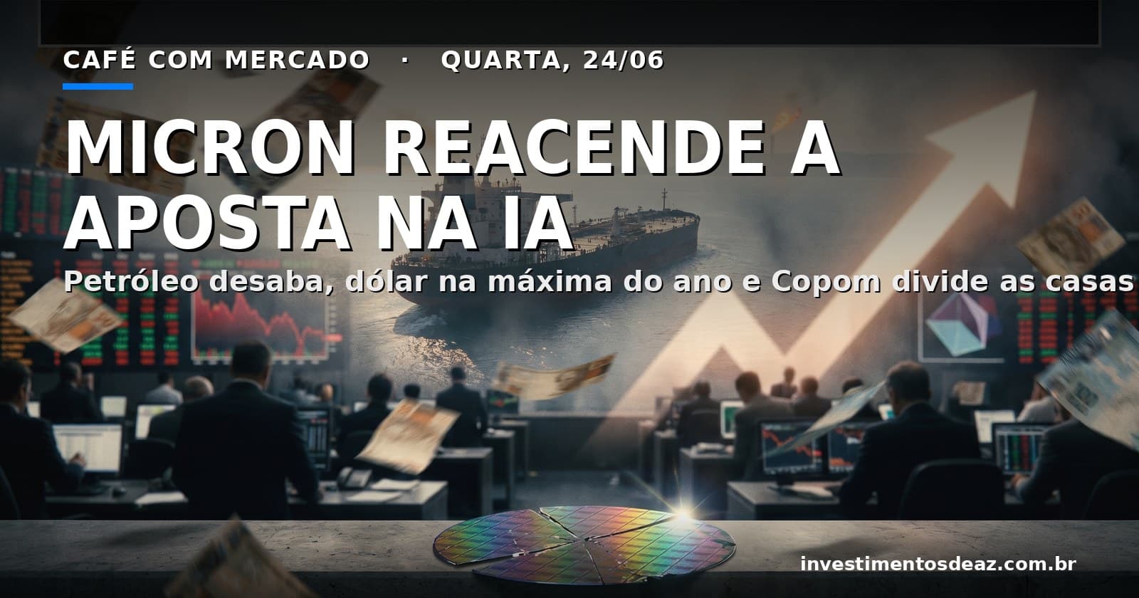 Colagem foto-real com pregão ao anoitecer, wafer de memória, petroleiro saindo do Estreito de Ormuz e a bandeira do Brasil sobre cédulas ao vento.