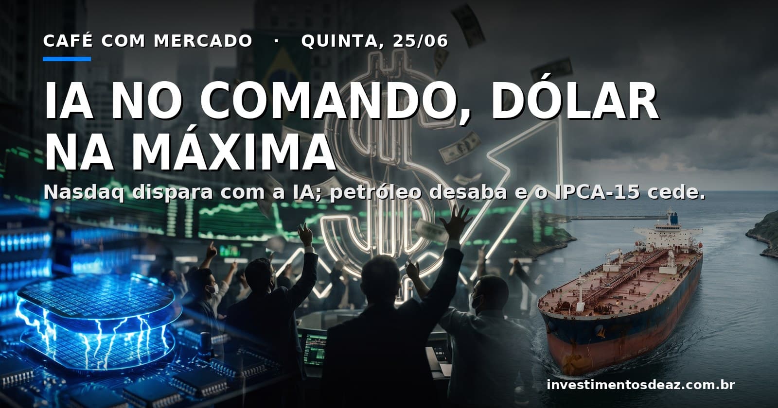Colagem foto-real com wafer de memória brilhando, pregão em alta, petroleiro saindo de um estreito ao amanhecer, cifrão do dólar com cédulas ao vento e a bandeira do Brasil sobre um skyline financeiro.
