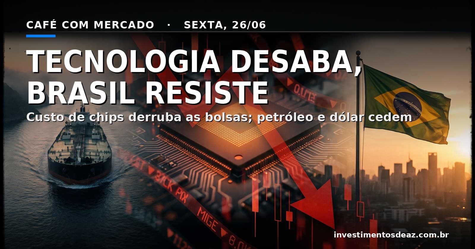 Colagem foto-real com painel de cotações em queda e setas vermelhas, um chip de memória sob luz fria, um petroleiro deixando um estreito ao amanhecer e a bandeira do Brasil sobre um skyline financeiro mais iluminado.