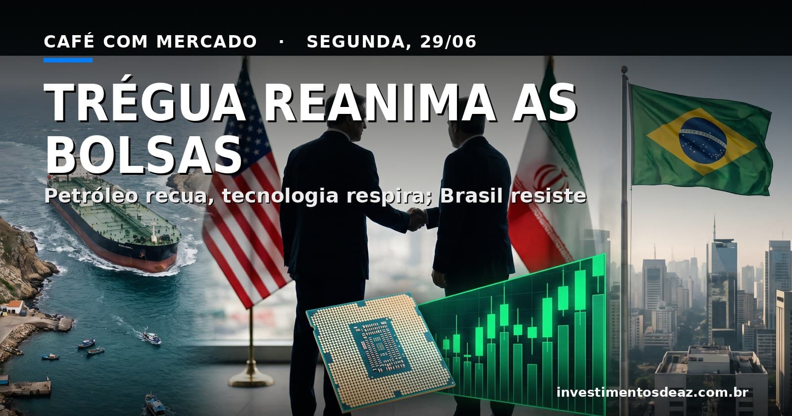 Colagem foto-real ao amanhecer com um petroleiro deixando um estreito sob luz dourada, um aperto de mãos diplomático em silhueta entre bandeiras, um chip de semicondutor com um painel de cotações em recuperação e a bandeira do Brasil sobre um skyline financeiro.