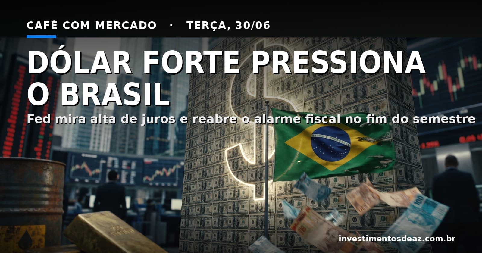 Colagem foto-real de fim de semestre: skyline financeiro ao amanhecer, parede de dólares dominando a cena e bandeira do Brasil com cédulas de real curvadas ao vento, pregão em vermelho ao fundo.