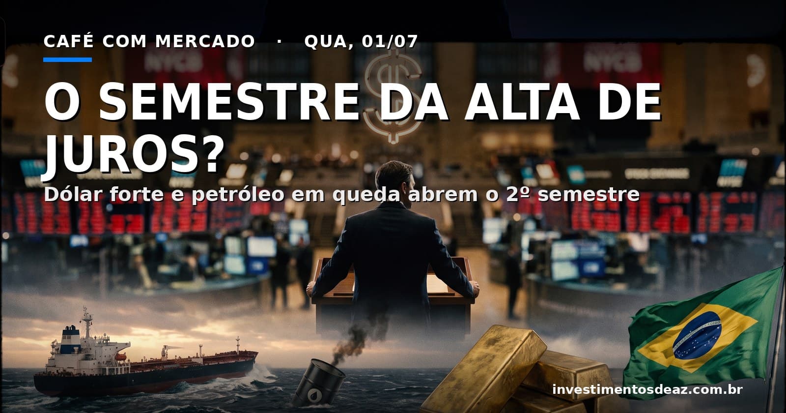 Colagem foto-real de mercado: pregão em tom de realização, silhueta de banqueiro central em Sintra, barril de petróleo em queda e a bandeira do Brasil.
