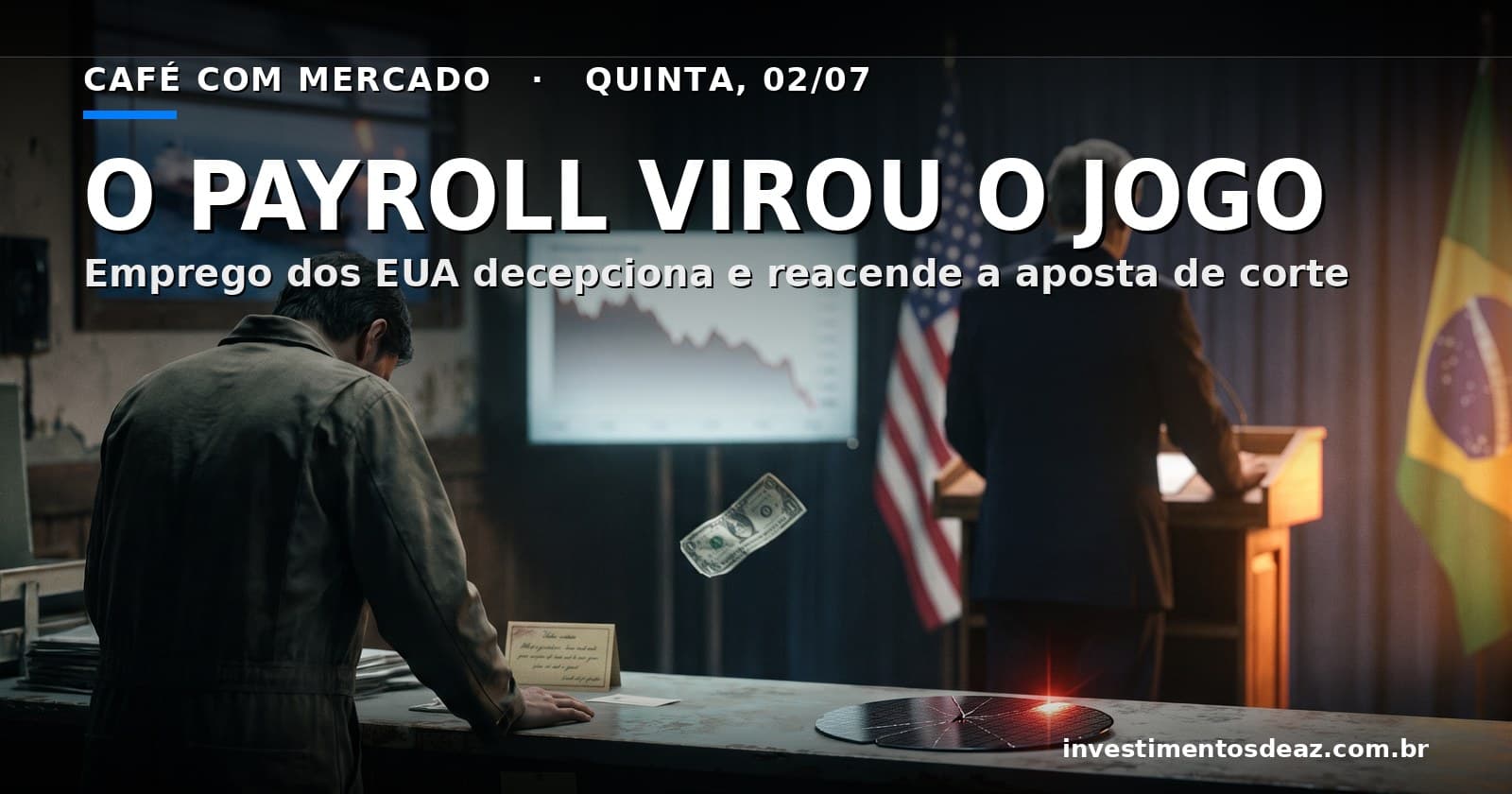 Colagem foto-real ao amanhecer — balcão americano vazio com cartaz de vaga, banqueiro central de costas no púlpito, gráfico em queda, petroleiro e bandeira do Brasil ao fundo.