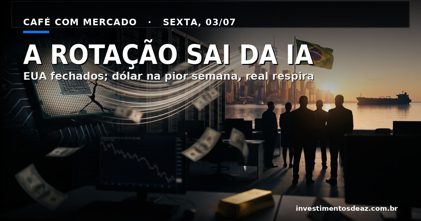 Colagem foto-real: chips e servidores se apagando à esquerda, capital fluindo para um horizonte financeiro ao amanhecer com bandeira do Brasil à direita, pregão americano vazio e cédulas de dólar ao vento.