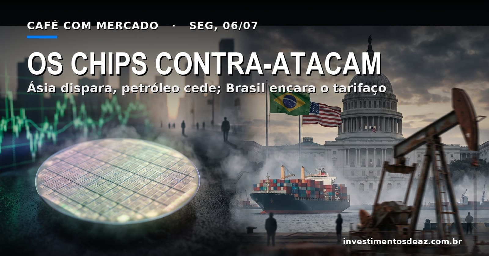 Colagem foto-real: wafer de silício reacendendo em luz azul e telas de pregão em alta à esquerda; à direita o Capitólio ao amanhecer com bandeiras de Brasil e EUA, um navio de contêineres e uma torre de petróleo cedendo.