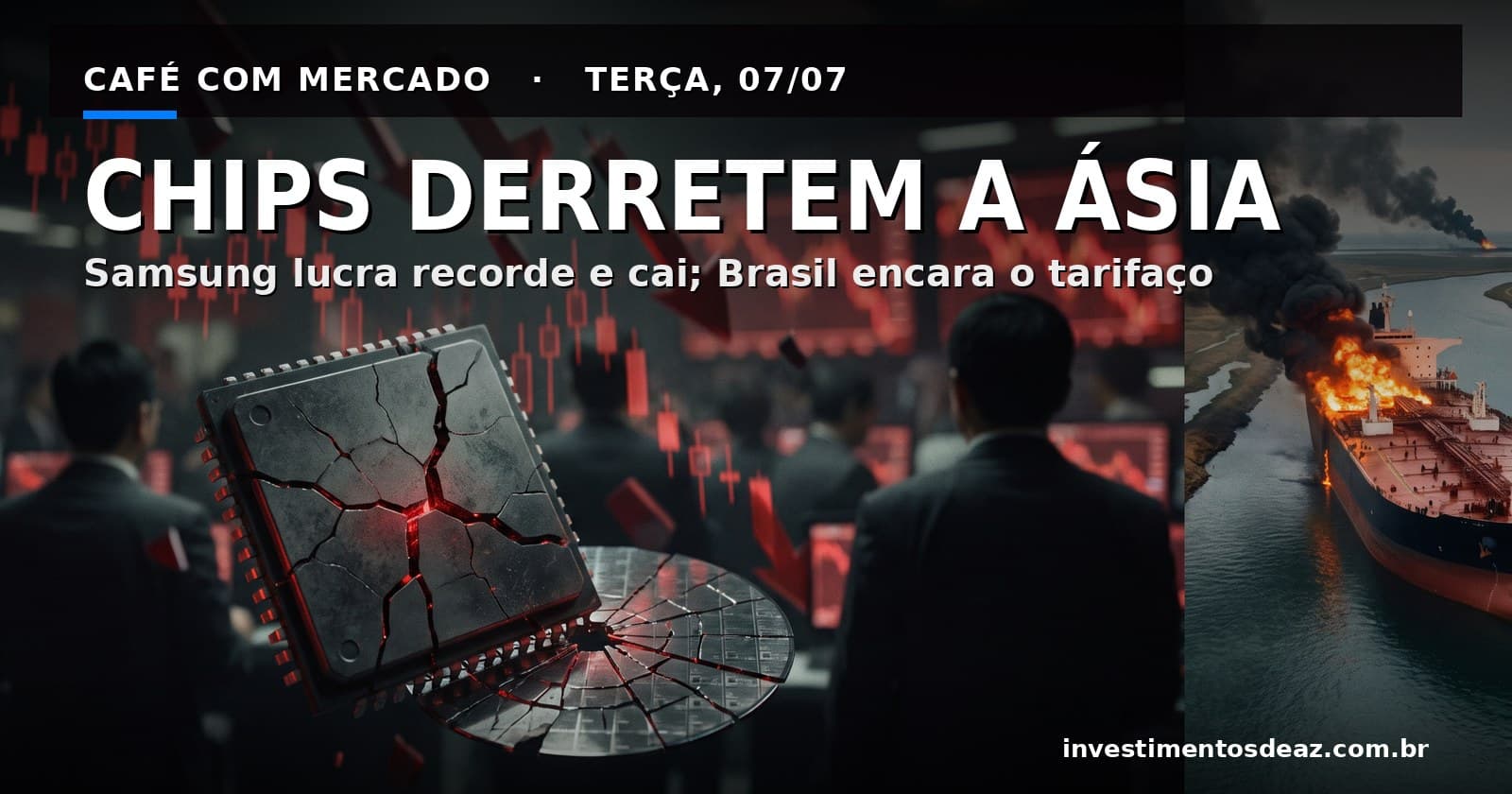 Chip de memória rachado com brilho vermelho, gráficos em queda e um petroleiro em chamas ao entardecer — a rotação para fora dos semicondutores e o susto no Golfo.