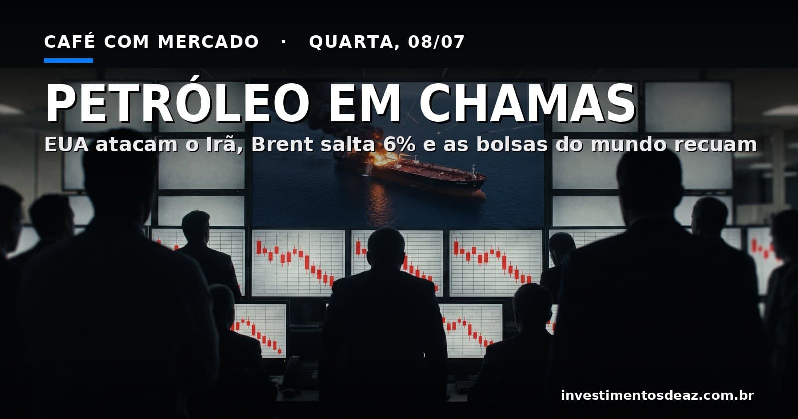 Petroleiro em chamas no Estreito de Ormuz à noite, mísseis no céu e telas de pregão em vermelho — colagem foto-real dos temas do dia.