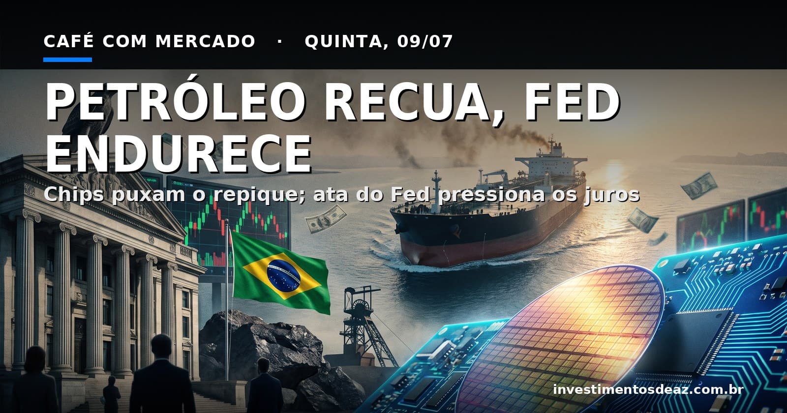 Colagem cinematográfica com petroleiro no Estreito de Ormuz ao amanhecer, chips iluminados, prédio de banco central com silhueta de gavião, painéis de bolsa e bandeira do Brasil.