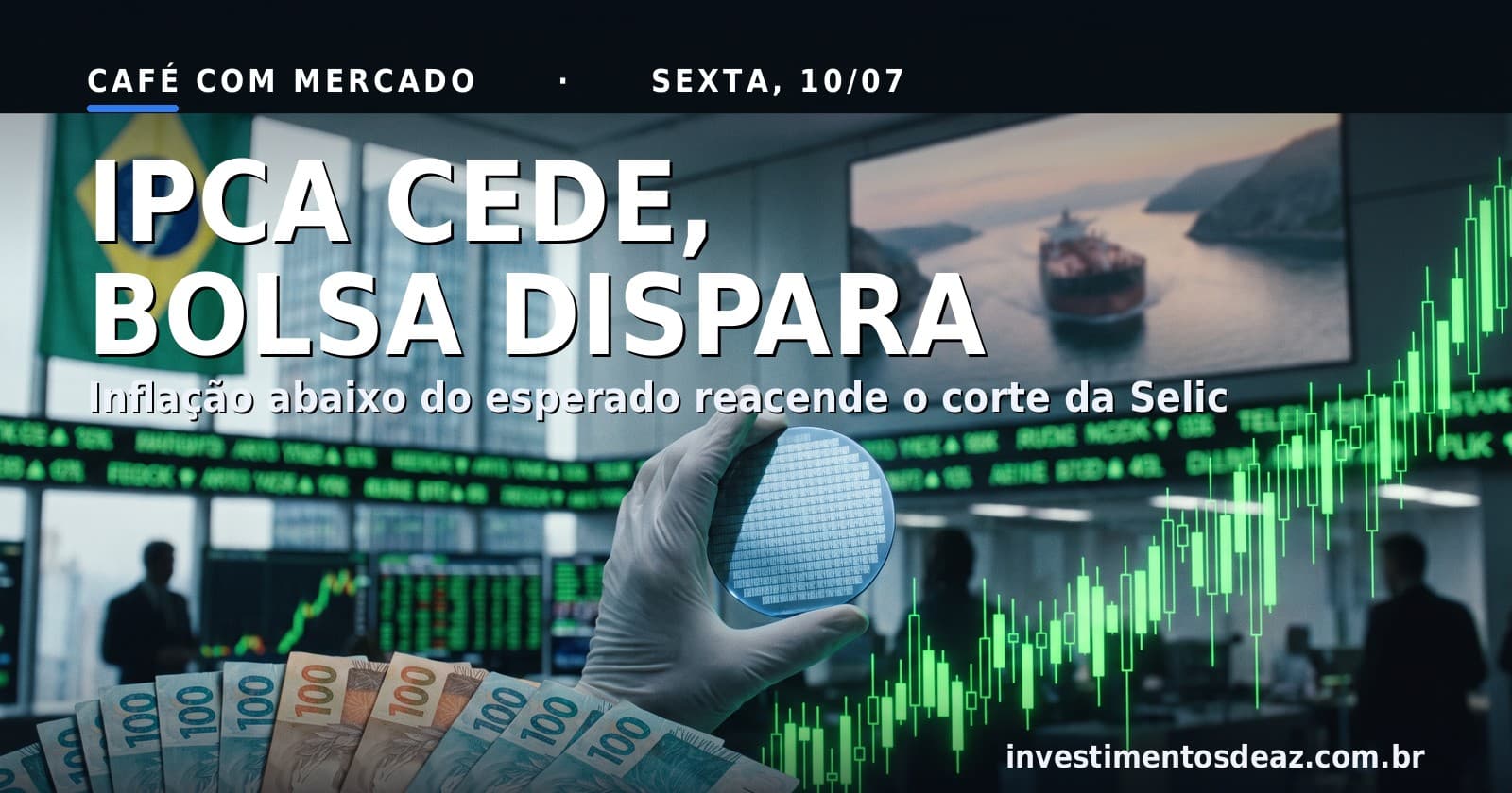 Colagem foto-real do dia: índice de preços em queda sobre o Congresso, um petroleiro no Estreito de Ormuz e o pregão de Nova York na estreia da SK Hynix.
