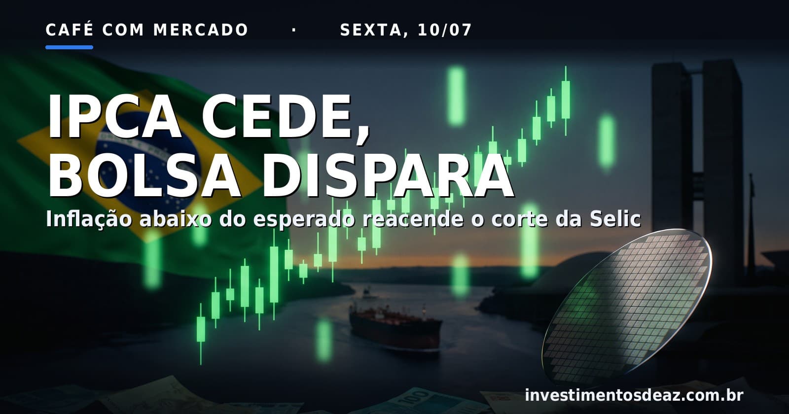 Colagem foto-real do dia: índice de preços em queda sobre o Congresso, um petroleiro no Estreito de Ormuz e o pregão de Nova York na estreia da SK Hynix.