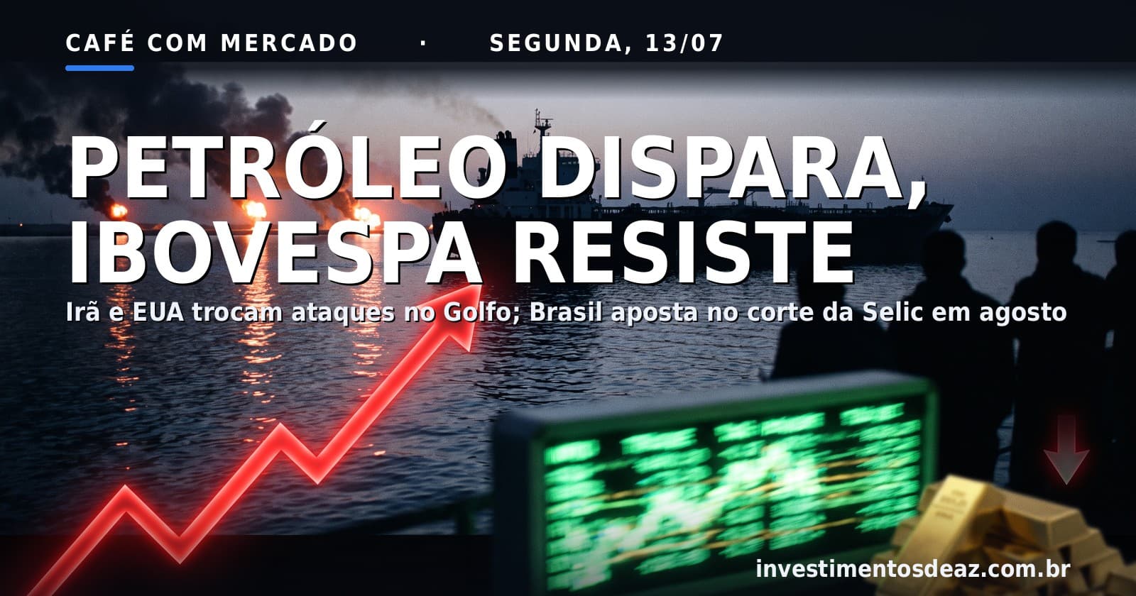 Colagem dramática de um petroleiro no Estreito de Ormuz ao entardecer com explosões ao fundo, gráfico de alta em vermelho e painel de negociação da bolsa brasileira