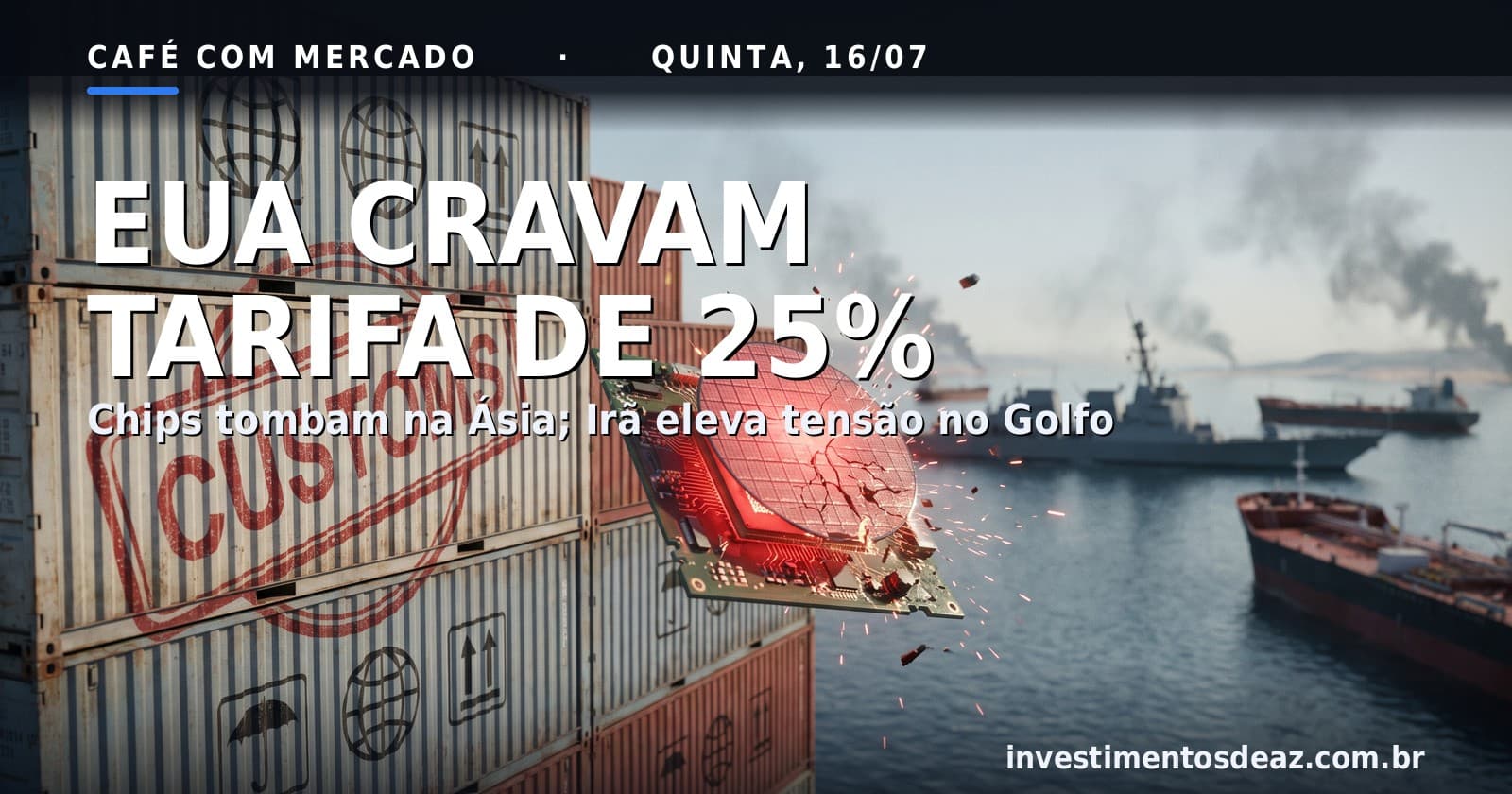 Colagem fotorreal com contêineres de comércio, chips de semicondutores e um petroleiro no Estreito de Ormuz sob luz dramática