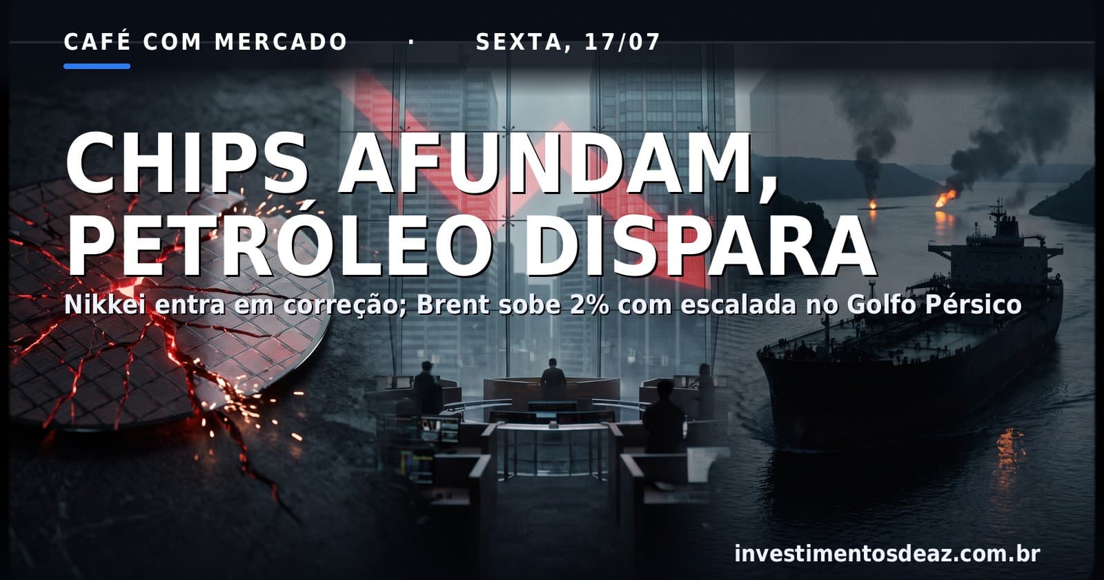 Colagem fotorreal com um chip de semicondutor trincado, uma mesa de operações com gráfico em queda ao fundo e um petroleiro em um estreito ao entardecer com fumaça ao longe