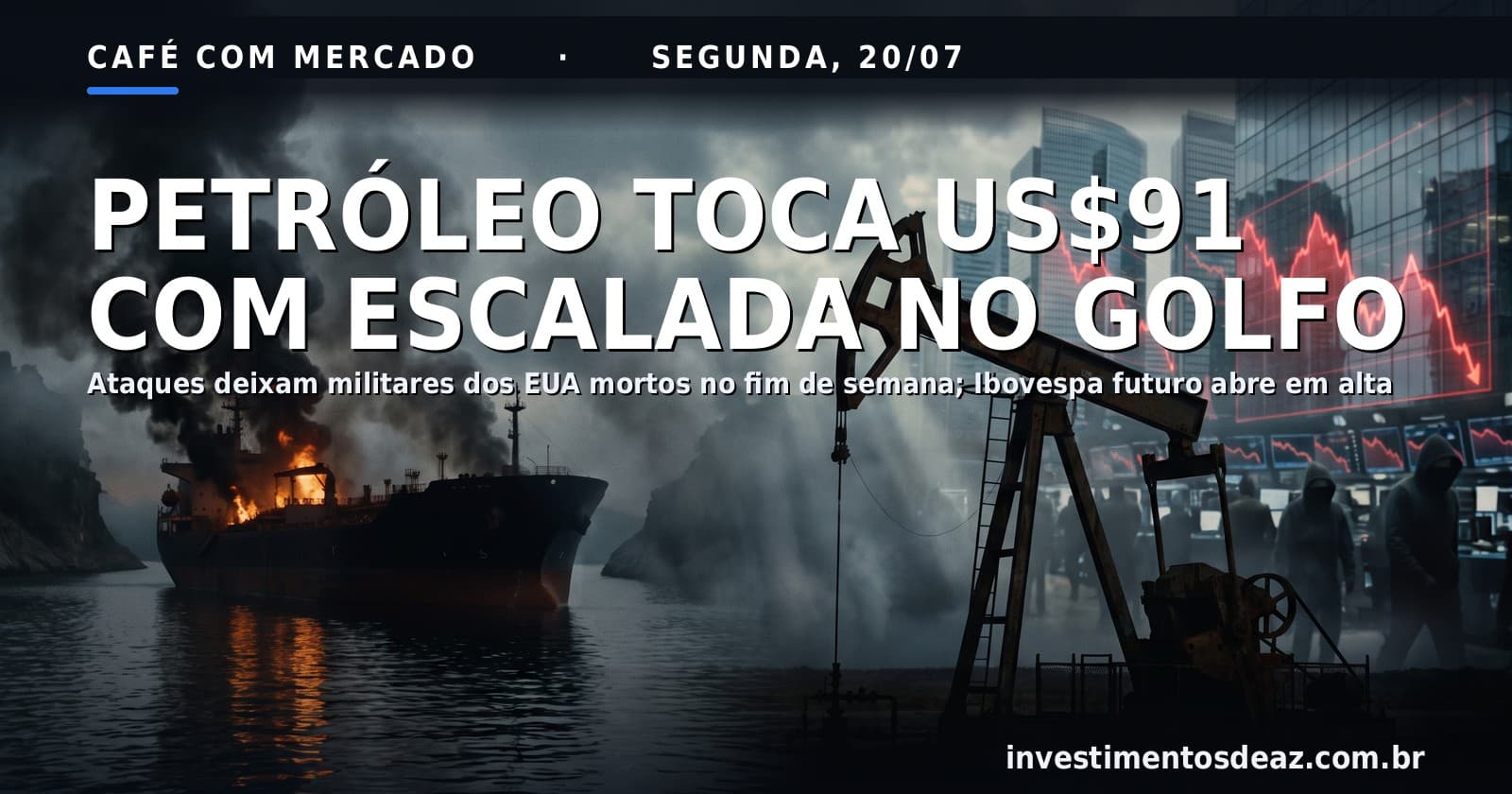 Colagem foto-real de petroleiro em chamas no Estreito de Ormuz, torre de negociação de Wall Street e poço de petróleo, com faixa escura no topo para a manchete