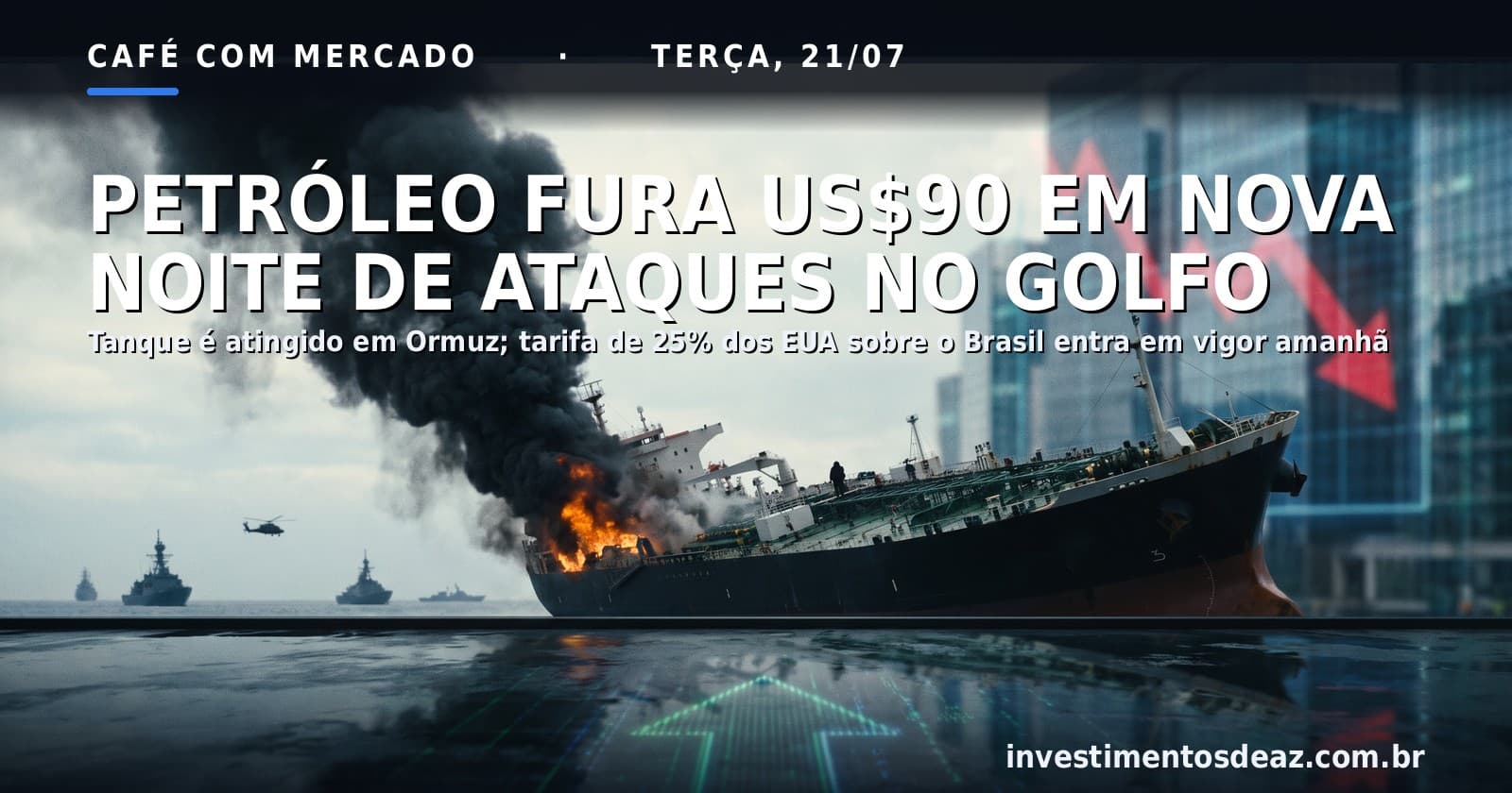 Colagem fotorreal dramática de petroleiro em chamas em estreito ao entardecer, silhuetas de navios de guerra e mesa de operações com gráfico em queda ao fundo