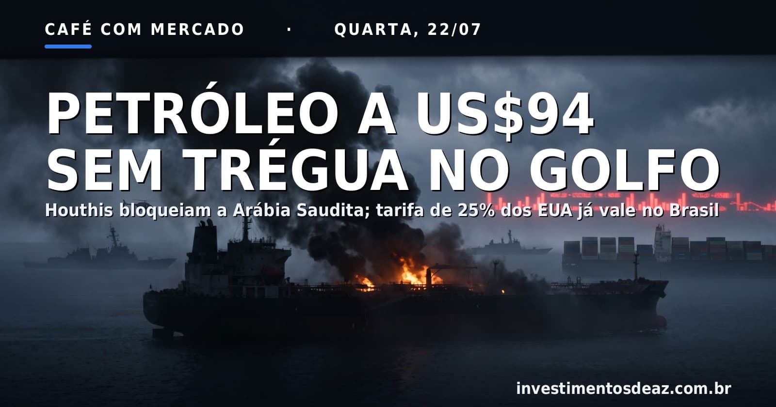 Colagem fotorreal dramática de plataforma e petroleiros em estreito à noite sob fumaça densa, com bandeiras e caixas de contêiner ao fundo simbolizando tarifas comerciais