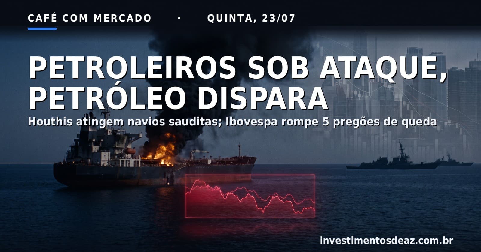Colagem foto-realista de petroleiro em chamas no Mar Vermelho, torres de trading em Nova York e bandeiras Brasil-EUA, com faixa escura no topo para a manchete