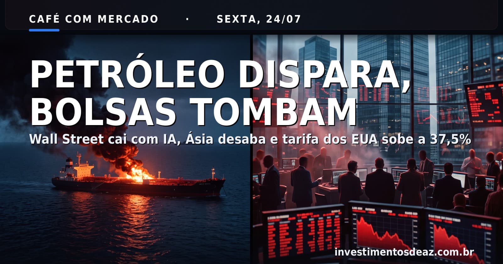Colagem dramática de petroleiro em chamas no Mar Vermelho e pregões de Wall Street e da Ásia em queda, com faixa escura no topo para a manchete