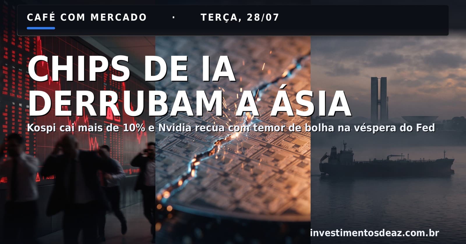 Colagem foto-realista: pregão asiático em pânico com telões vermelhos, chip de semicondutor rachado com faíscas ao centro, e navio petroleiro ao amanhecer com o Congresso Nacional ao fundo