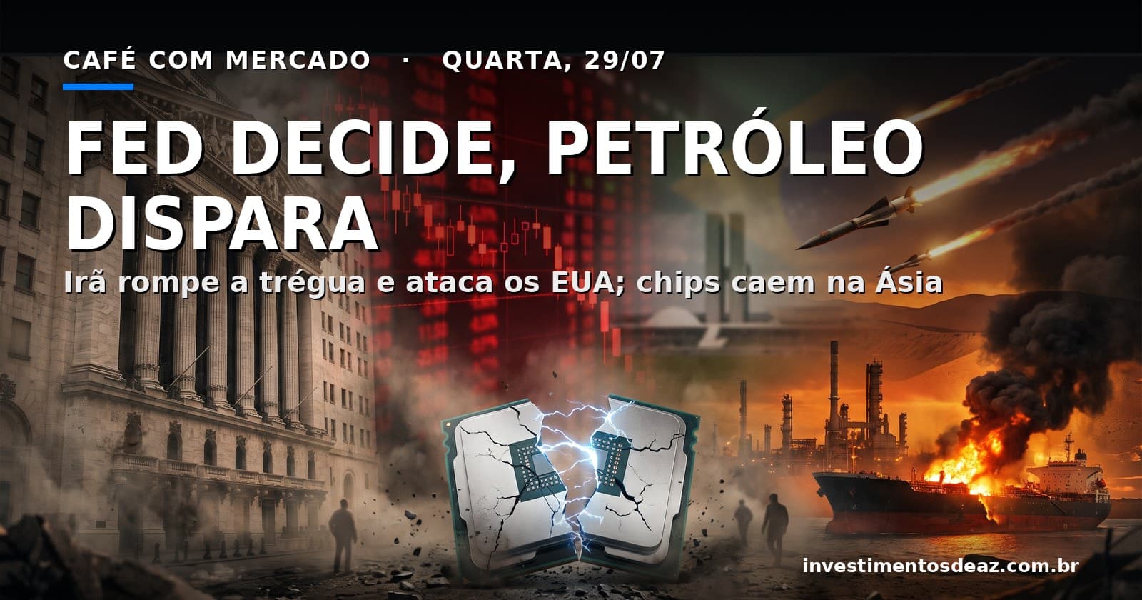 Colagem foto-real de banco central com colunas, mísseis e refinaria em chamas, chip rachado e telas vermelhas de bolsa, com manchete FED DECIDE, PETRÓLEO DISPARA