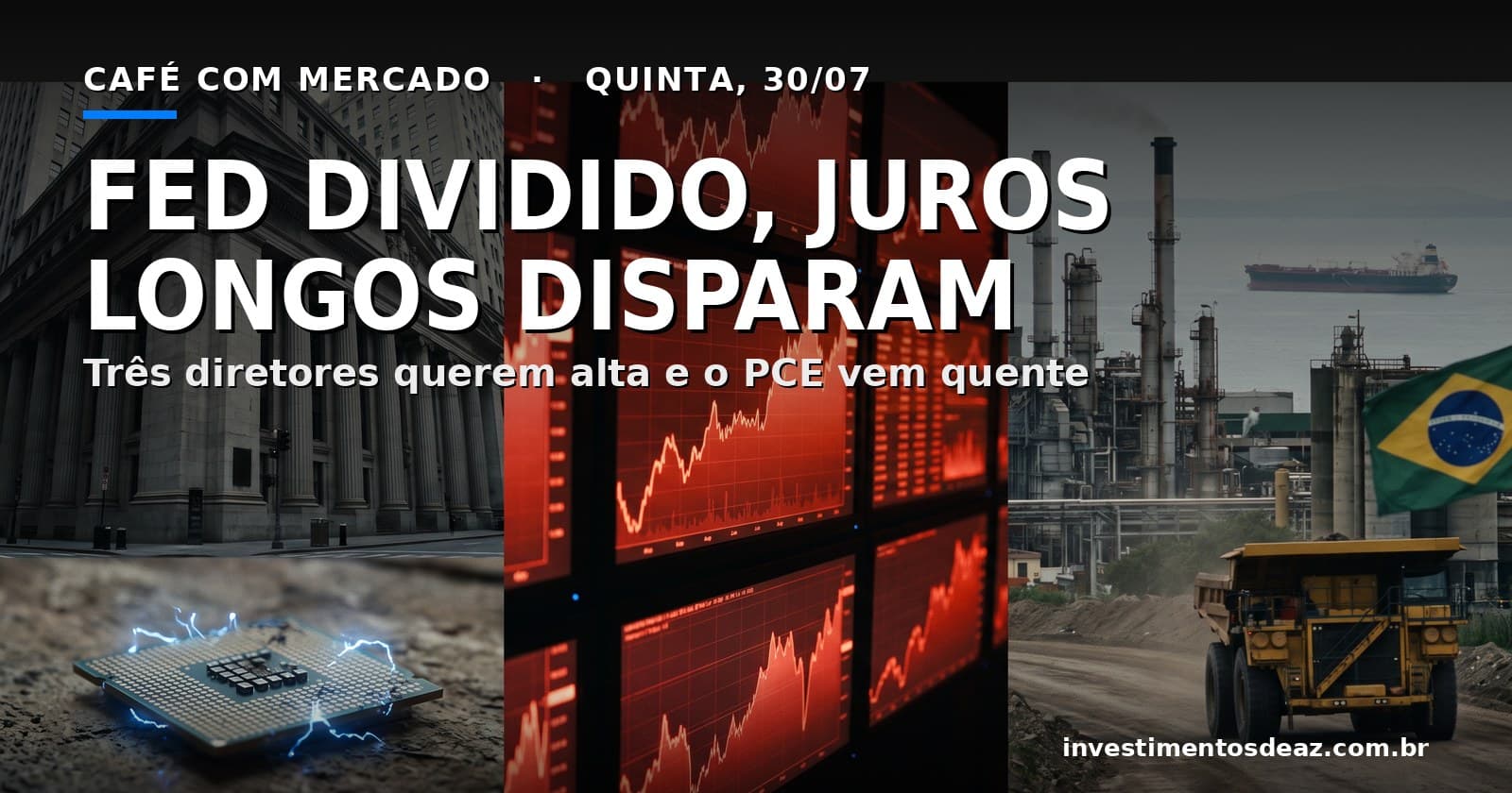 Colagem foto-real com banco central neoclássico, telas de mercado em queda, refinaria de petróleo e caminhão de minério com bandeira do Brasil.