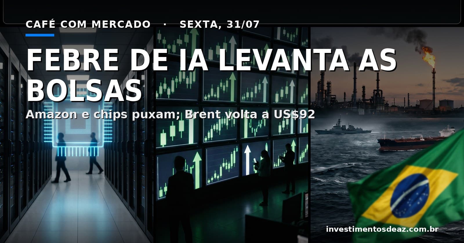 Colagem foto-real de data center e chips iluminados, painel de bolsa em alta, refinaria com navios ao fundo e a bandeira do Brasil.