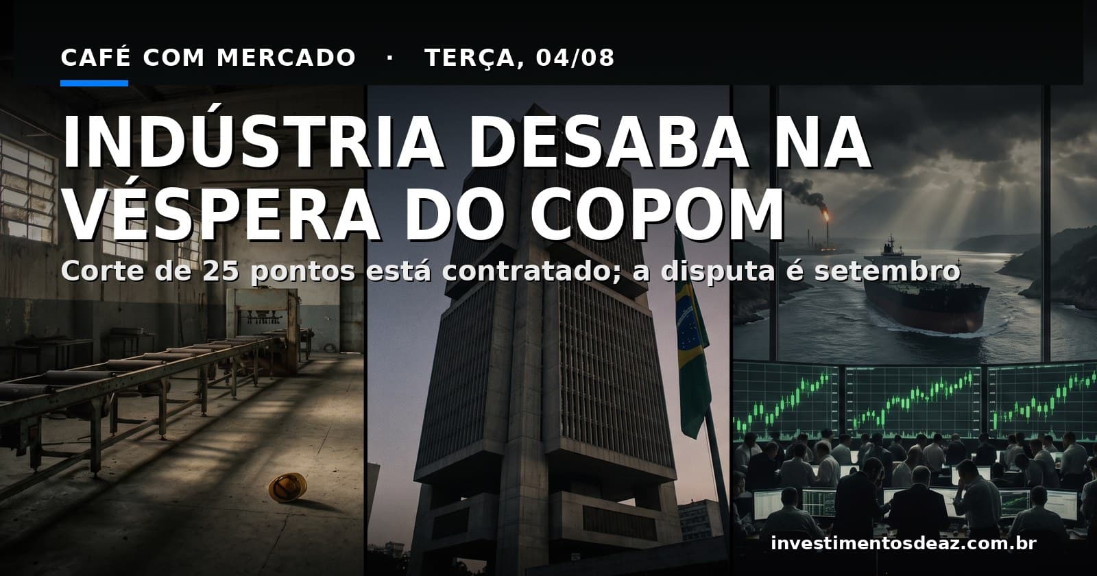 Prédio do Banco Central sob luz dramática, com navio petroleiro no Estreito de Ormuz e painel de bolsa em recorde ao fundo