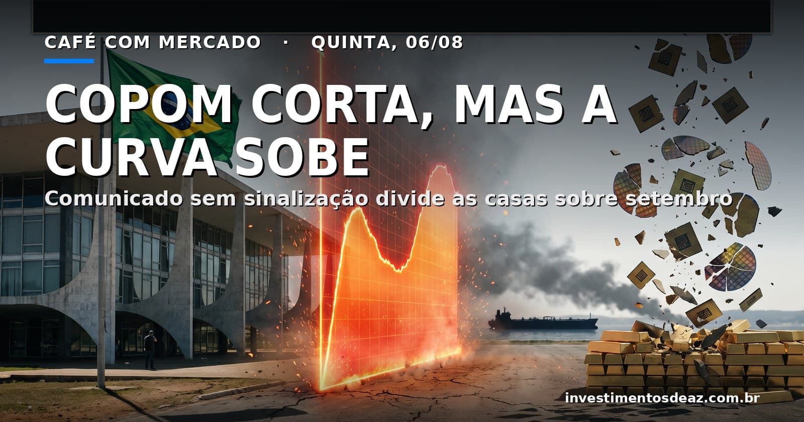Torre do Banco Central com bandeira do Brasil, curva de juros em ascensão e chips de silício se estilhaçando