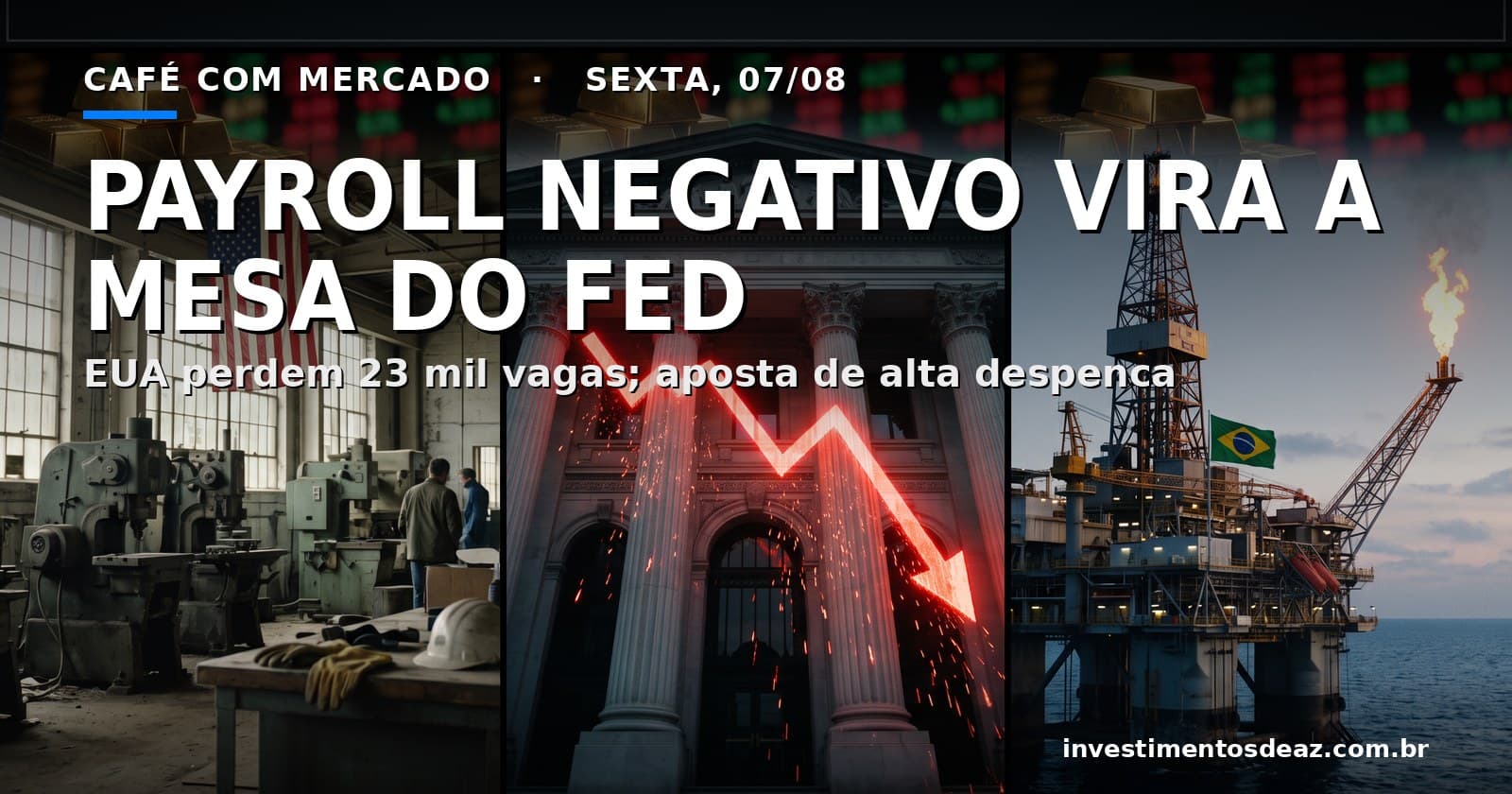 Montagem com fábrica americana vazia, prédio de banco central com gráfico de juros em queda e plataforma de petróleo com bandeira do Brasil
