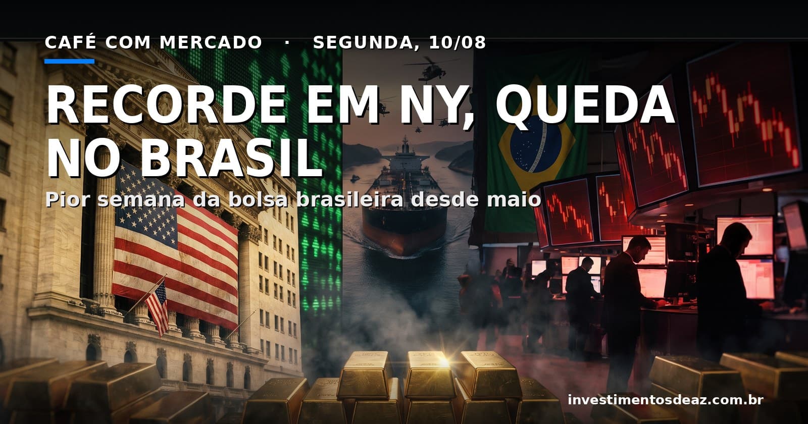 Colagem cinematográfica com a fachada da Bolsa de Nova York e bandeira americana à esquerda, pregão brasileiro em telas vermelhas com bandeira do Brasil à direita, petroleiro num estreito ao centro e barras de ouro em primeiro plano