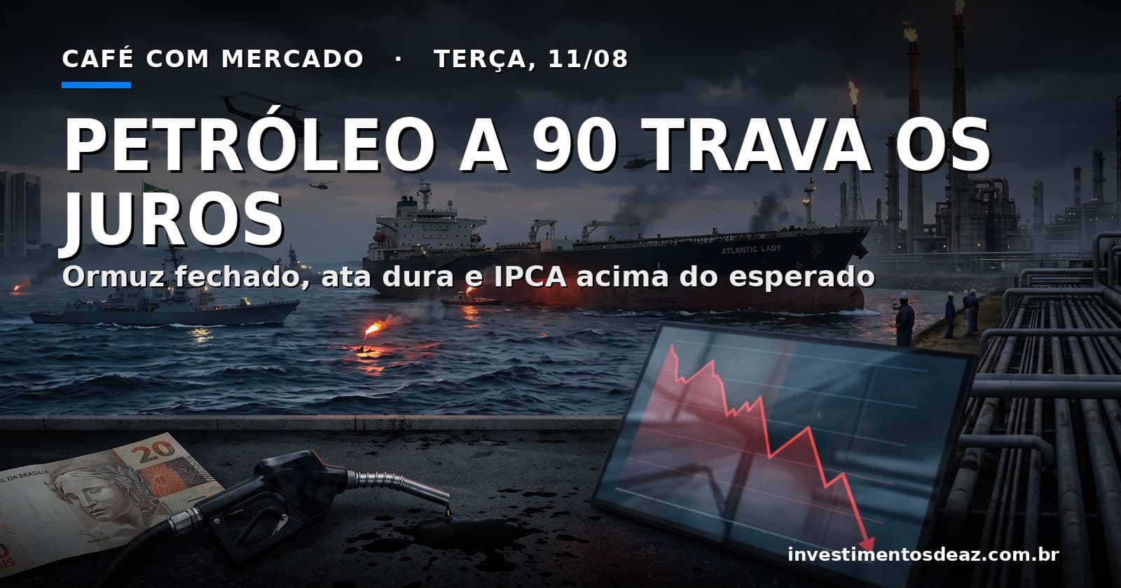 Petroleiro bloqueado em estreito ao anoitecer, com refinaria em chamas ao fundo e gráfico de queda projetado em primeiro plano