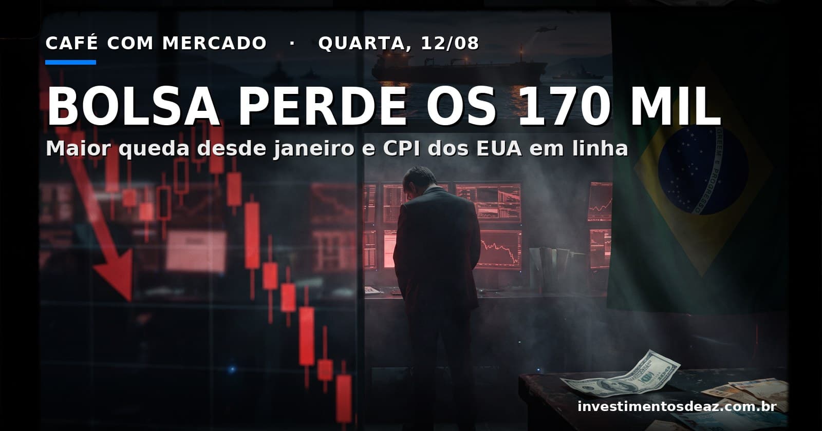Operador de costas diante de painéis vermelhos, bandeira do Brasil na penumbra e petroleiro bloqueado em estreito ao anoitecer