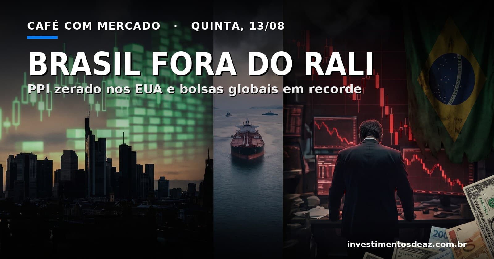 Colagem noturna com gráfico verde em alta sobre um horizonte urbano, petroleiro parado em estreito bloqueado e operador de costas diante de telas vermelhas ao lado da bandeira do Brasil