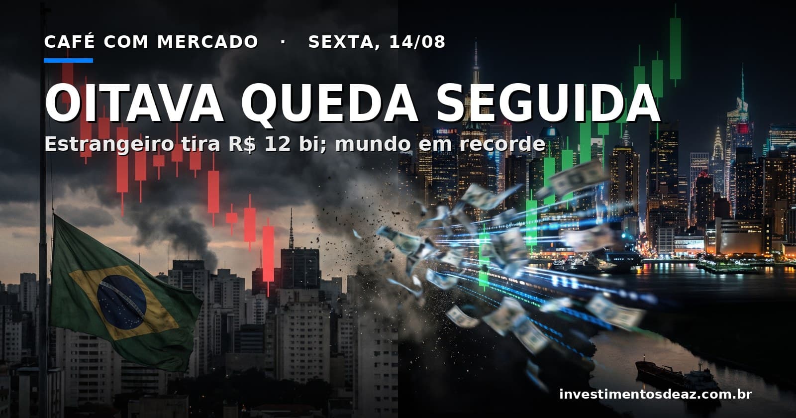 Gráfico vermelho em queda sobre o horizonte de São Paulo à esquerda e bolsas globais em alta à direita, com cédulas deixando o Brasil