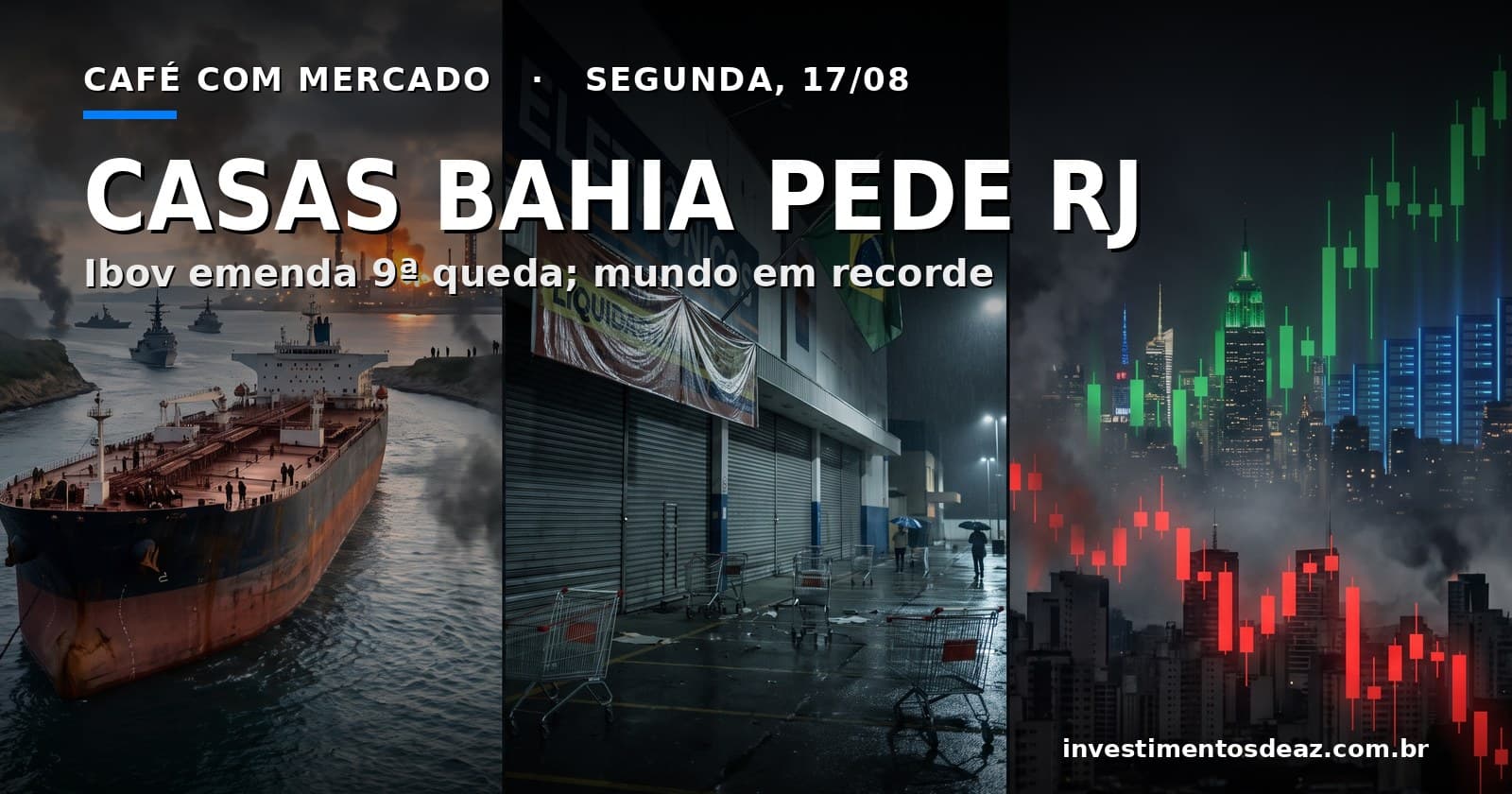 Colagem noticiosa com petroleiro parado em estreito, loja de varejo brasileira fechada e o contraste entre Nova York em alta e São Paulo em queda