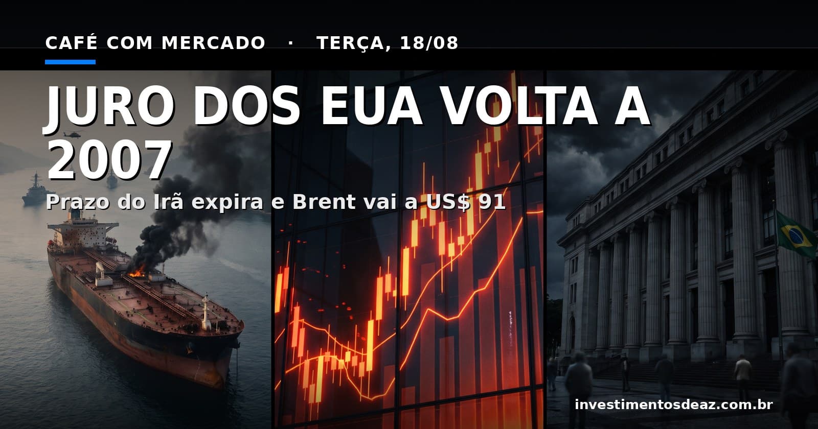 Petroleiro avariado em estreito ao entardecer, painel de velas em alta e fachada de banco central à noite