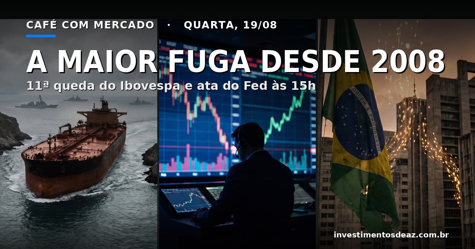 Petroleiro dando meia-volta em estreito ao entardecer, pregão em vermelho e bandeira brasileira sobre distrito financeiro à noite