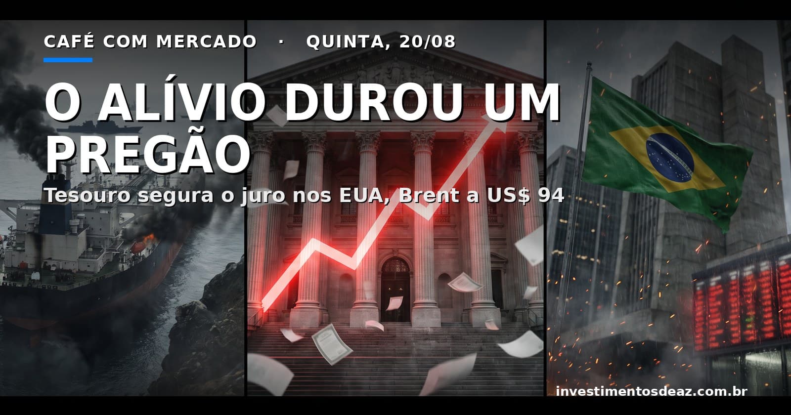 Superpetroleiro em estreito sob fumaça, fachada de tesouro nacional com gráfico ascendente projetado e bandeira do Brasil diante de distrito financeiro na chuva