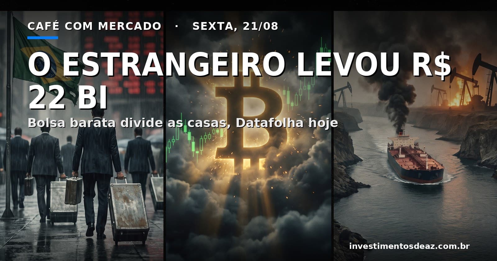 Executivos de costas deixando um distrito financeiro brasileiro sob painel vermelho, símbolo do Bitcoin em ascensão e petroleiro em estreito sob fumaça