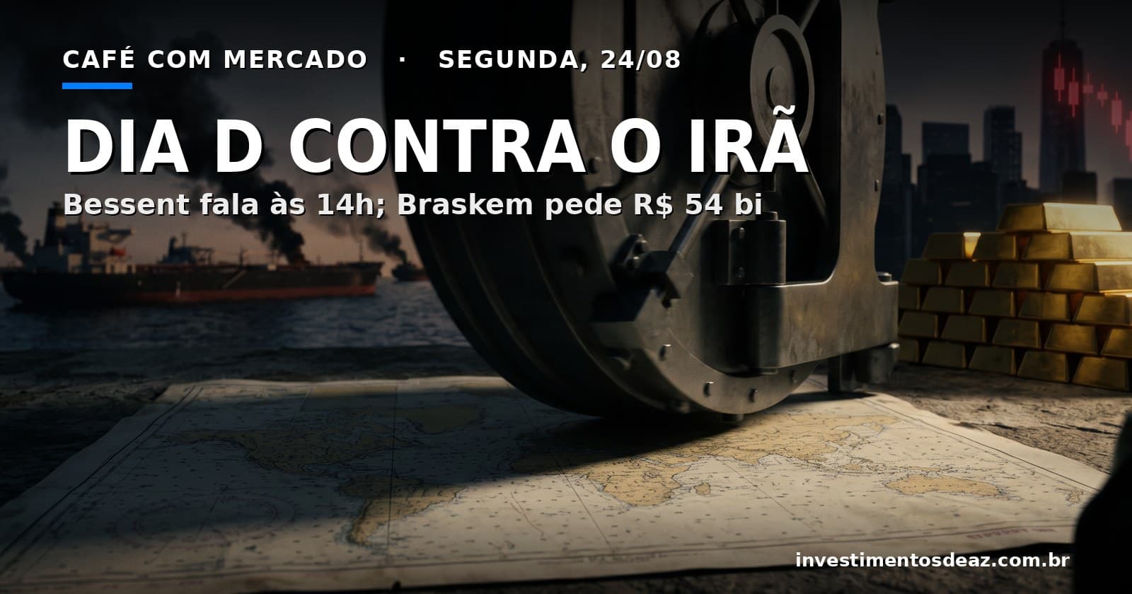 Porta de cofre blindada se fechando sobre carta náutica de um estreito, petroleiros parados sob fumaça negra e pilha de barras de ouro contra céu de tempestade