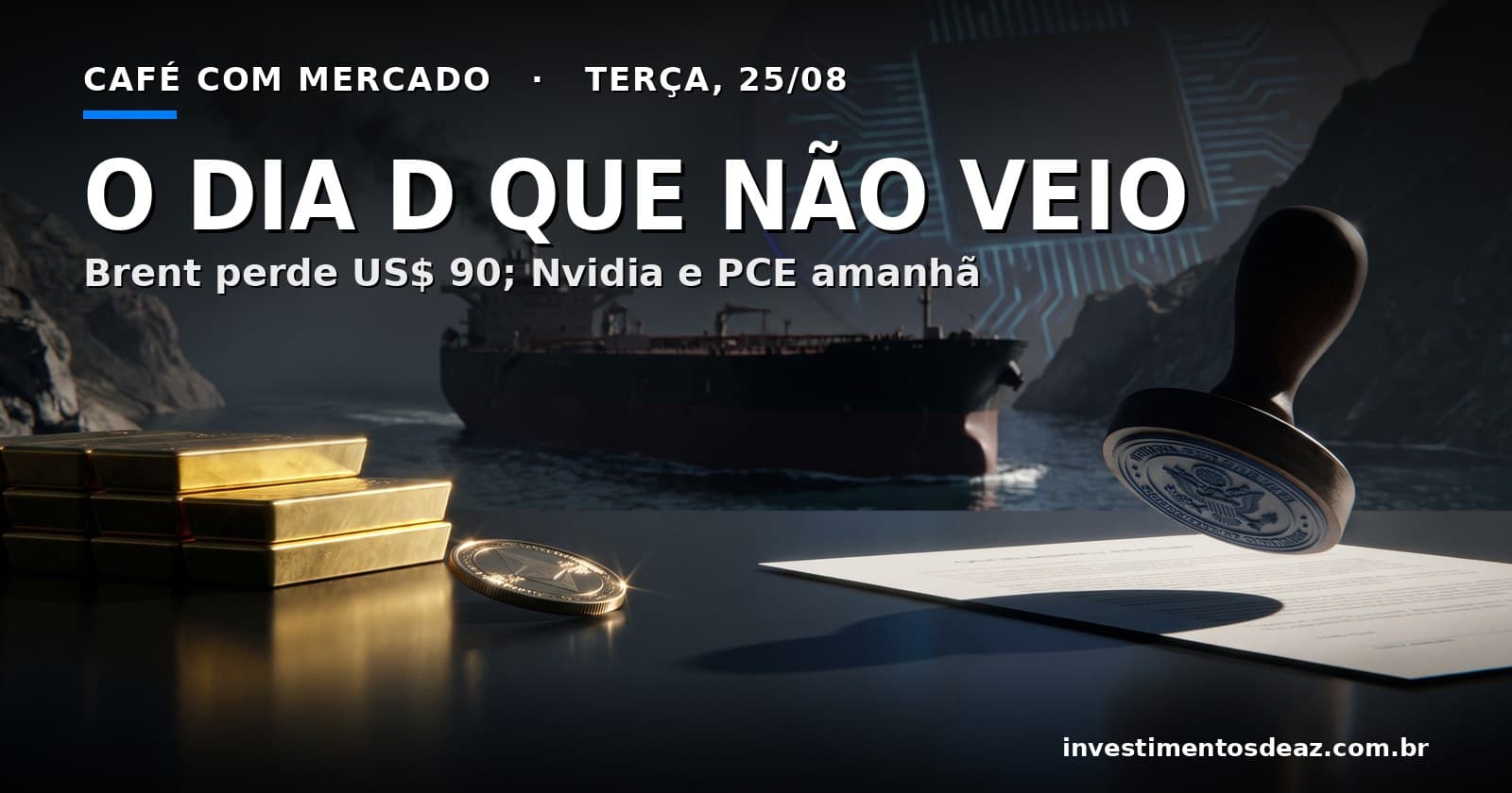 Petroleiro deixando um estreito sob fumaça que se dissipa, selo oficial suspenso sobre um documento, barras de ouro e um wafer de silício ao fundo