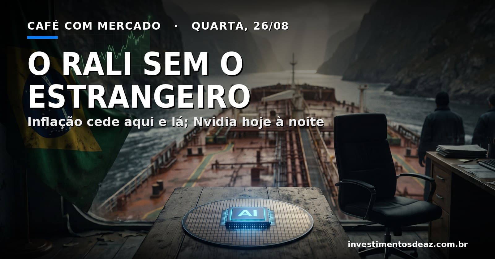 Petroleiro atravessando um estreito rochoso com a passagem se abrindo, bandeira brasileira, gráfico em alta, wafer de silício e uma cadeira de escritório vazia