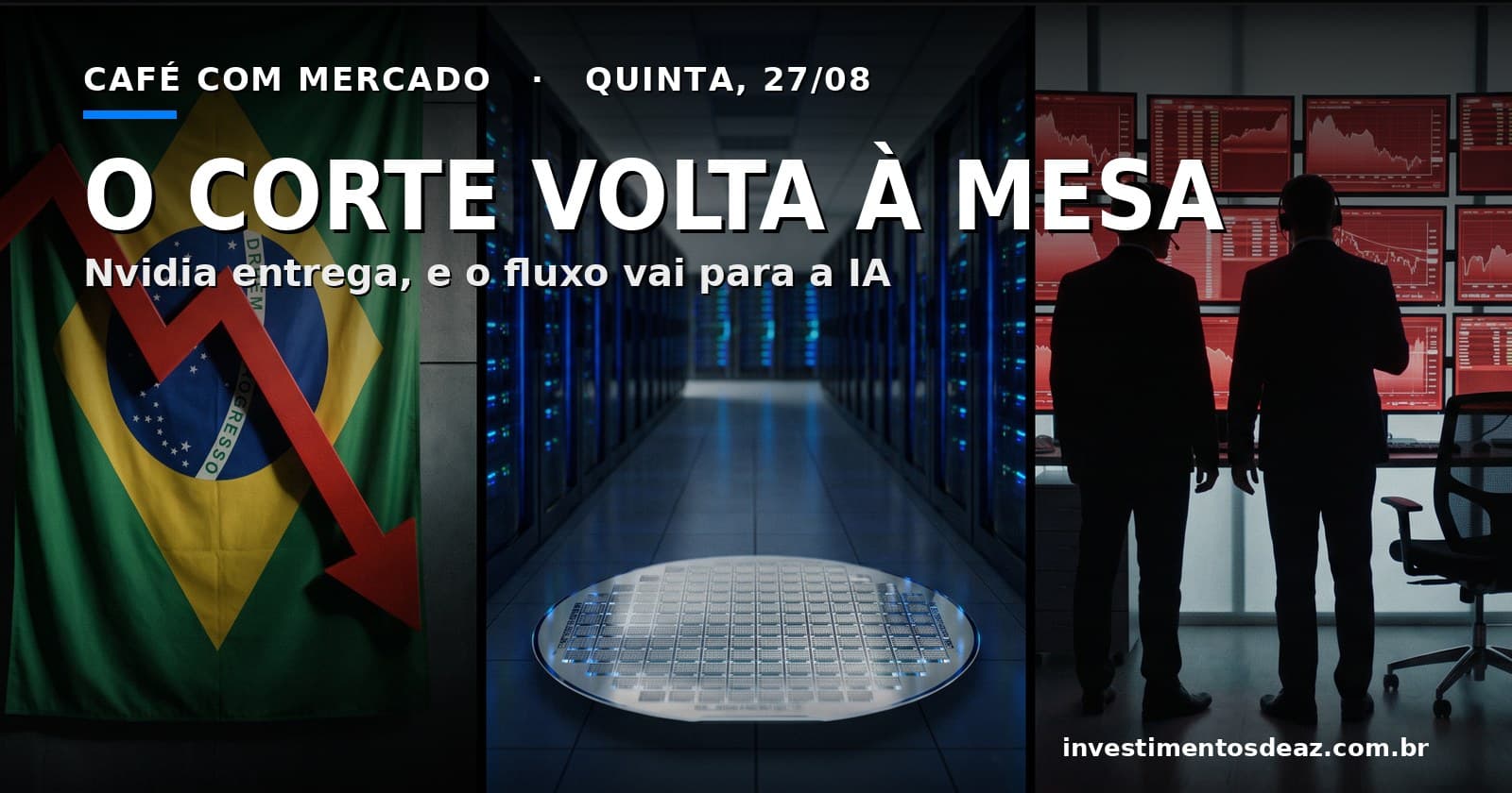 Bandeira brasileira em sombra com seta descendente, corredor de servidores azul e operadores diante de telas vermelhas