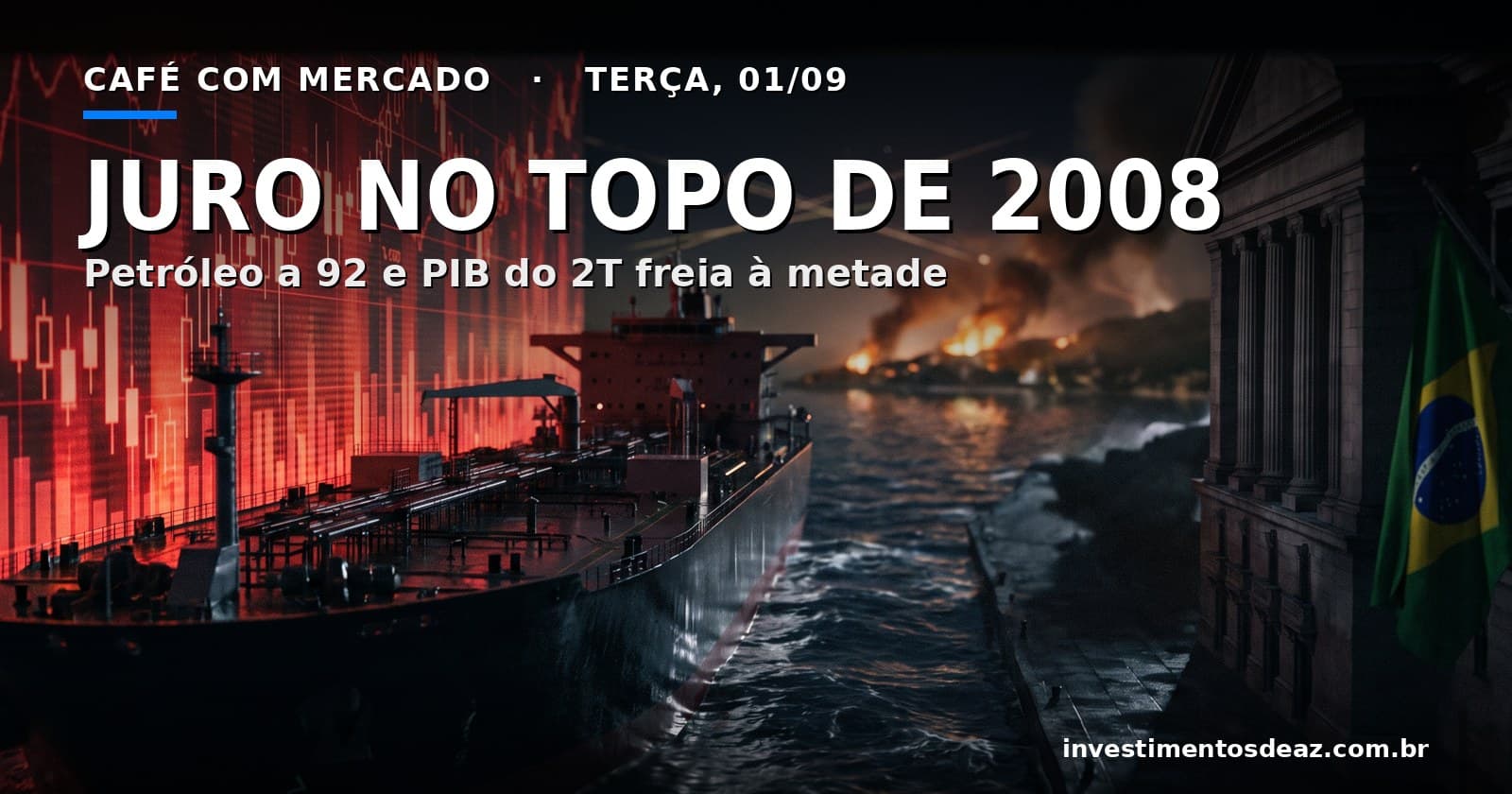 Petroleiro atravessando um estreito noturno com incêndio na costa ao fundo, painel de gráficos vermelhos à esquerda e colunata de banco central à direita