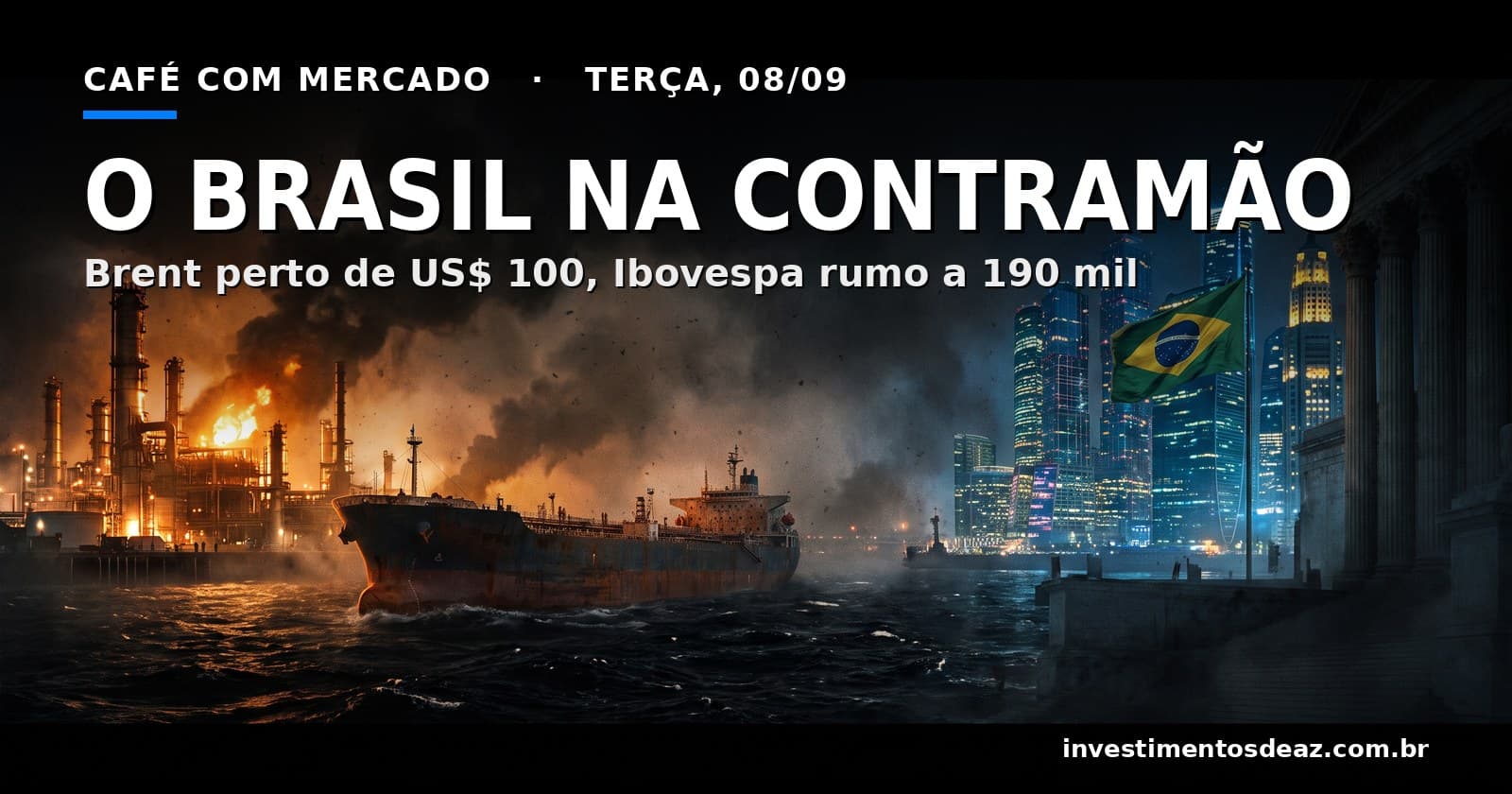 Refinaria em chamas no deserto, gráfico ascendente sobre o skyline financeiro brasileiro e as colunas do Supremo em sombra