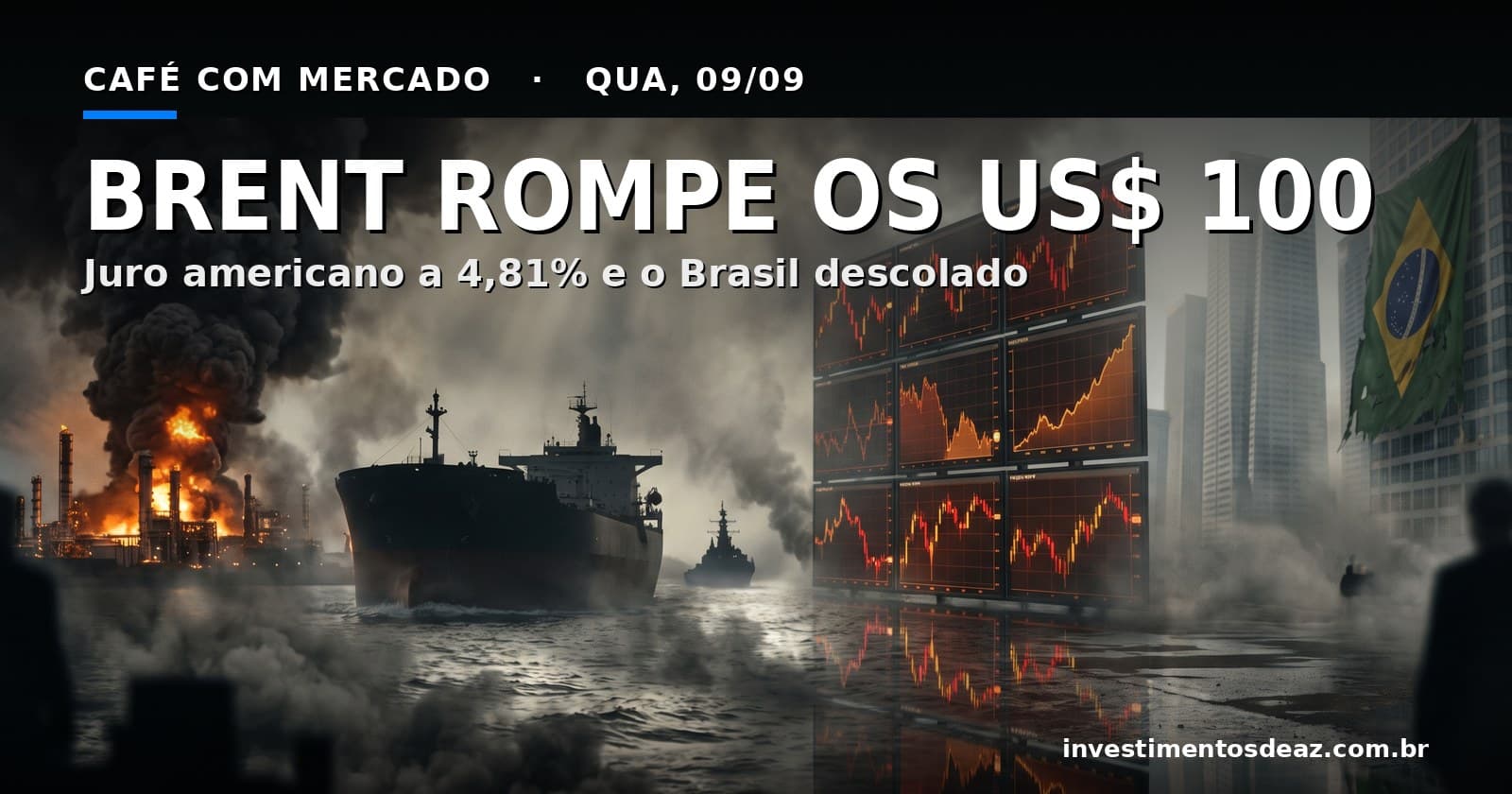 Refinaria em chamas, petroleiro no Golfo e telas de mercado em queda, com a bandeira brasileira ao fundo